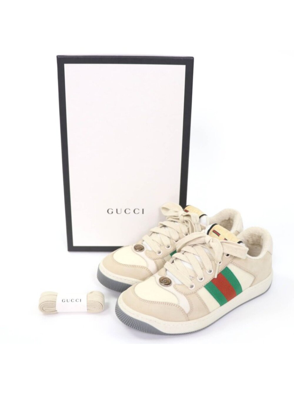 Gucci Leather Web Stripe GG Marmont Vintage Logo Low Cut Sneakers Beige - Picture 2 of 13